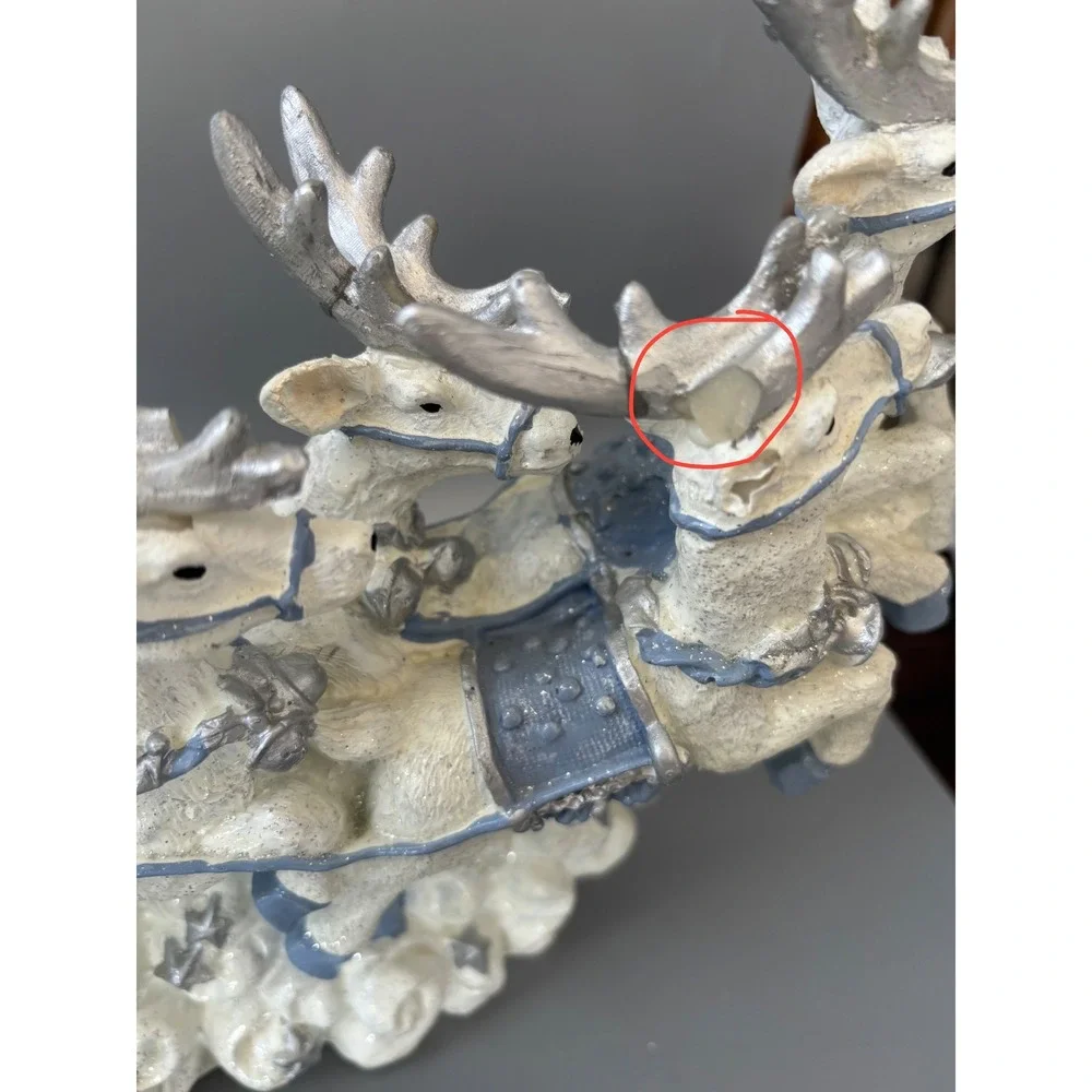 Santa Claus Sleigh and Reindeer Figurine Blue White Silver Christmas Centerpiece